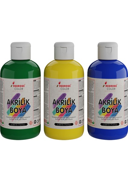 Yeşil-Sarı-Mavi Akrilik Boya 3'lü Set 3X250GR Dekoratif, Hobi Amaçlı, Sanatsal, Canlı Renkler