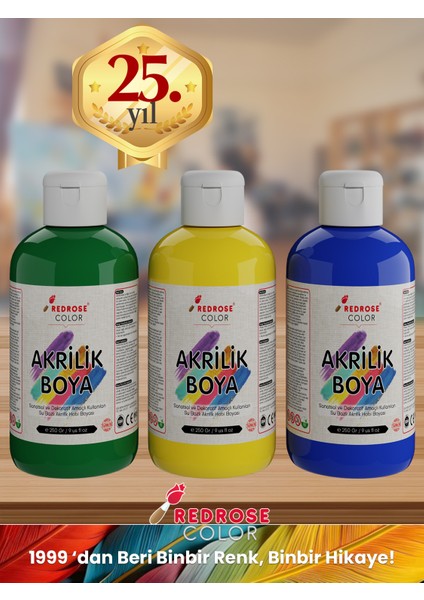Yeşil-Sarı-Mavi Akrilik Boya 3'lü Set 3X250GR Dekoratif, Hobi Amaçlı, Sanatsal, Canlı Renkler