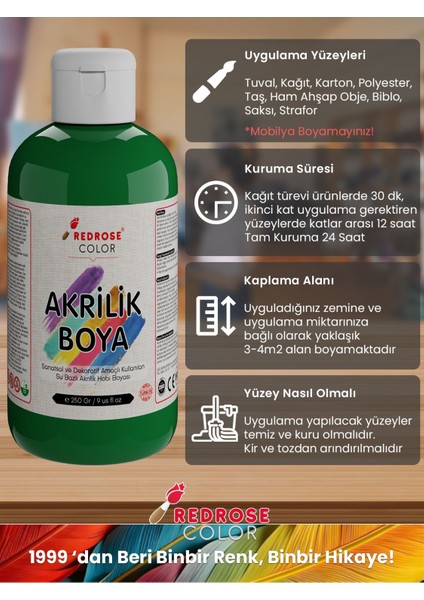 Yeşil-Sarı-Mavi Akrilik Boya 3'lü Set 3X250GR Dekoratif, Hobi Amaçlı, Sanatsal, Canlı Renkler