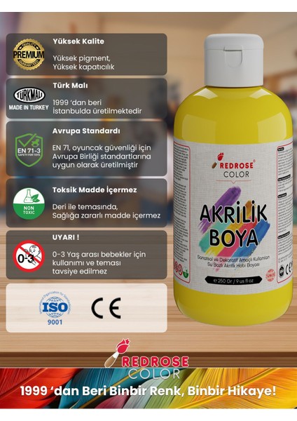 Yeşil-Sarı-Mavi Akrilik Boya 3'lü Set 3X250GR Dekoratif, Hobi Amaçlı, Sanatsal, Canlı Renkler