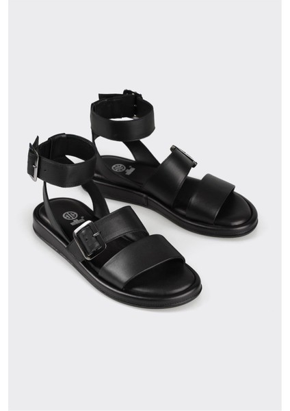Siyah Deri Kadın Düz Sandalet fiyatları