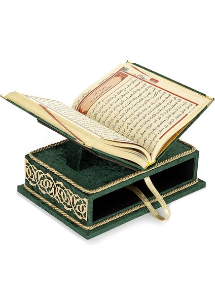 Masa Üstü Rahleli Kadife Kaplı Sandıklı Kuranı Kerim Seti - Rahiya Serisi Yeşil indirimleri