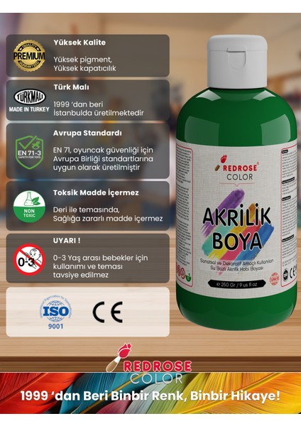 Yeşil Akrilik Boya 250GR Sanatsal, Dekoratif, Hobi Amaçlı, Canlı Renkler