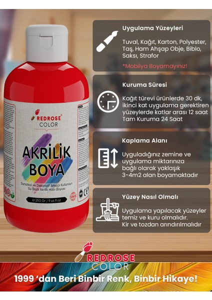 Red Rose Kırmızı Akrilik Boya 250GR Sanatsal, Dekoratif, Hobi Amaçlı, Canlı Renkler