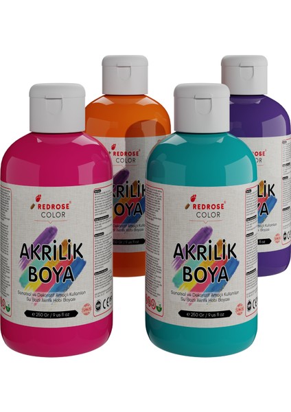 Red Rose Ara Renkler Akrilik Boya 4'lü Set 4X250GR Dekoratif, Hobi Amaçlı, Sanatsal, Canlı Renkler