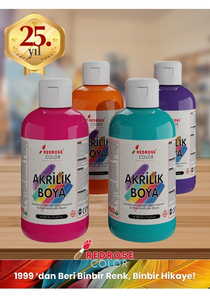 Red Rose Ara Renkler Akrilik Boya 4'lü Set 4X250GR Dekoratif, Hobi Amaçlı, Sanatsal, Canlı Renkler