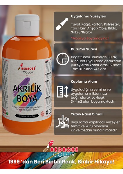 Turuncu Akrilik Boya 250GR Sanatsal, Dekoratif, Hobi Amaçlı, Canlı Renkler