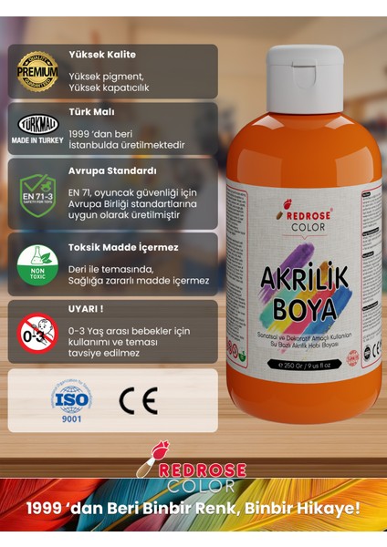 Turuncu Akrilik Boya 250GR Sanatsal, Dekoratif, Hobi Amaçlı, Canlı Renkler