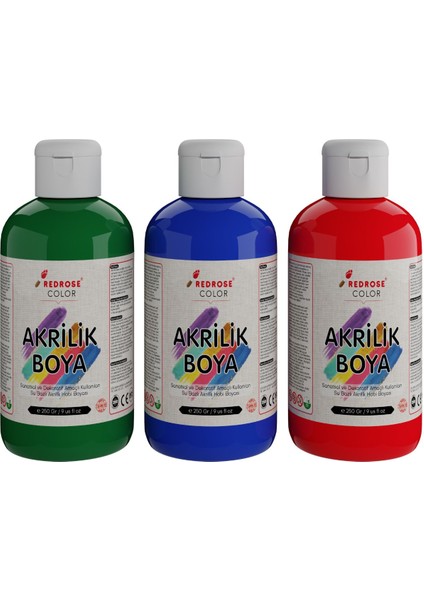 Yeşil-Mavi-Kırmızı Akrilik Boya 3'lü Set 3X250GR Dekoratif, Hobi Amaçlı, Sanatsal, Canlı Renkler