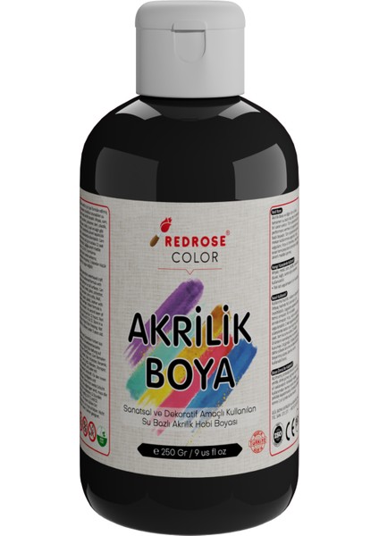 Siyah Akrilik Boya 250GR Sanatsal, Dekoratif, Hobi Amaçlı, Canlı Renkler