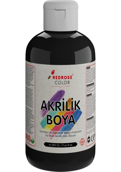 Red Rose Siyah Akrilik Boya 250GR Sanatsal, Dekoratif, Hobi Amaçlı, Canlı Renkler