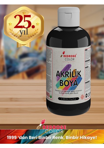 Siyah Akrilik Boya 250GR Sanatsal, Dekoratif, Hobi Amaçlı, Canlı Renkler