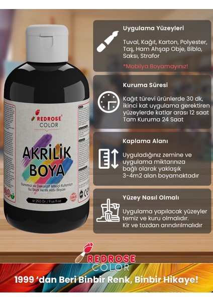 Siyah Akrilik Boya 250GR Sanatsal, Dekoratif, Hobi Amaçlı, Canlı Renkler