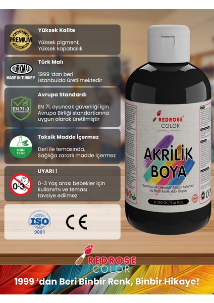 Siyah Akrilik Boya 250GR Sanatsal, Dekoratif, Hobi Amaçlı, Canlı Renkler