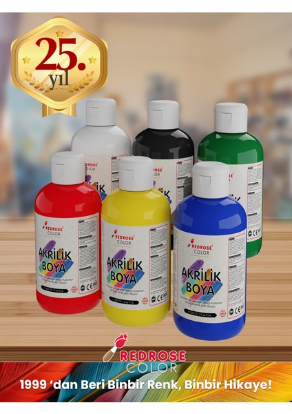 Ana Renkler Akrilik Boya 6'lı Set 6X250GR Dekoratif, Hobi Amaçlı, Sanatsal, Canlı Renkler