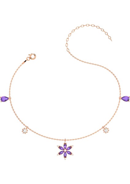 Ametist Taşlı Lotus Çiçeği Rose Gümüş Halhal