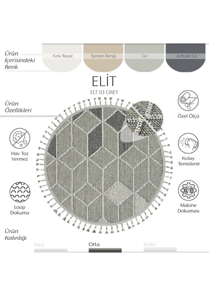 Elit 03 Gri Bukle Salon Halısı Hav Vermez Antre Mutfak Halısı Etnik Örgü Desen Yuvarlak Halı