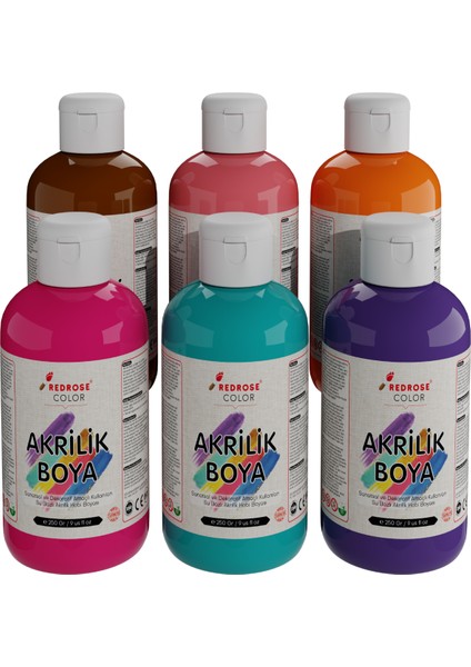 Canlı Renkler Akrilik Boya 6'lı Set 6X250GR Dekoratif, Hobi Amaçlı, Sanatsal, Canlı Renkler