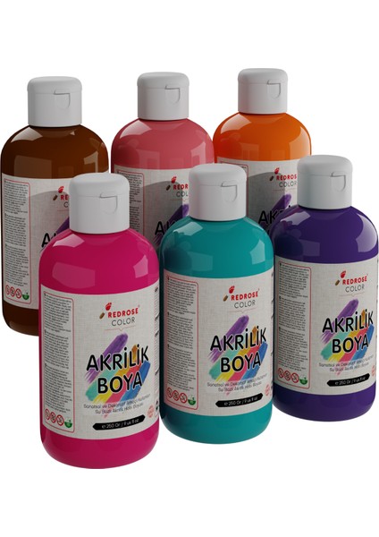 Canlı Renkler Akrilik Boya 6'lı Set 6X250GR Dekoratif, Hobi Amaçlı, Sanatsal, Canlı Renkler