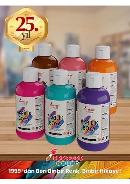 Canlı Renkler Akrilik Boya 6'lı Set 6X250GR Dekoratif, Hobi Amaçlı, Sanatsal, Canlı Renkler