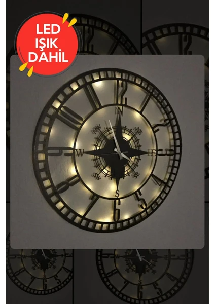 LED Işıklı Ahşap Sayılı Pusula Duvar Saati Sessiz Dekoratif Modern Siyah Metal Duvar Saati 40X40CM