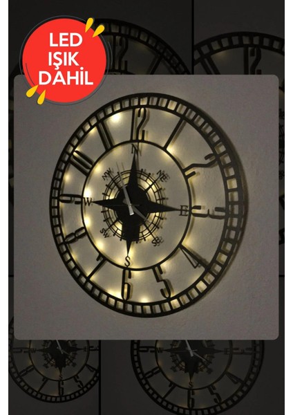 LED Işıklı Ahşap Sayılı Pusula Duvar Saati Sessiz Dekoratif Modern Siyah Metal Duvar Saati 40X40CM