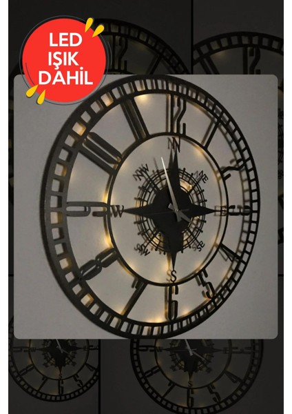 LED Işıklı Ahşap Sayılı Pusula Duvar Saati Sessiz Dekoratif Modern Siyah Metal Duvar Saati 40X40CM