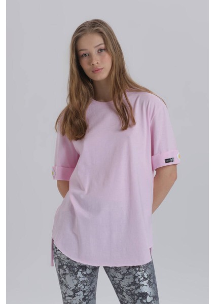 Pembe Kadın Papatya Kol Detay Asimetrik Kesim Bisiklet Yaka Örme T-Shirt