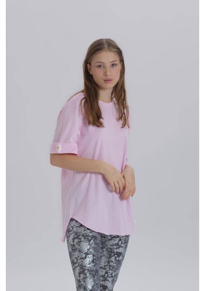 Pembe Kadın Papatya Kol Detay Asimetrik Kesim Bisiklet Yaka Örme T-Shirt fiyatları