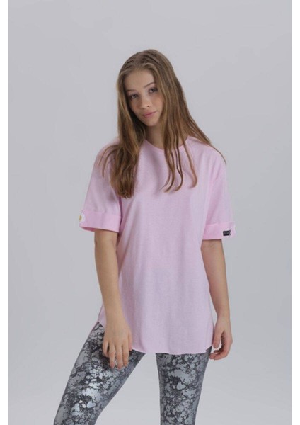 Pembe Kadın Papatya Kol Detay Asimetrik Kesim Bisiklet Yaka Örme T-Shirt modelleri