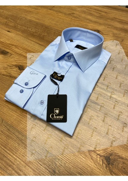 Slimfit Açık Mavi Saten Klasik Yaka Gömlek