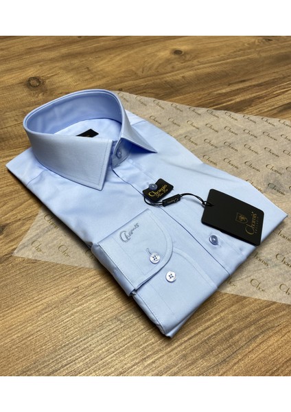 Slimfit Açık Mavi Saten Klasik Yaka Gömlek
