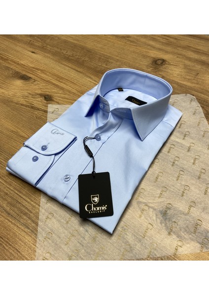 Slimfit Açık Mavi Saten Klasik Yaka Gömlek