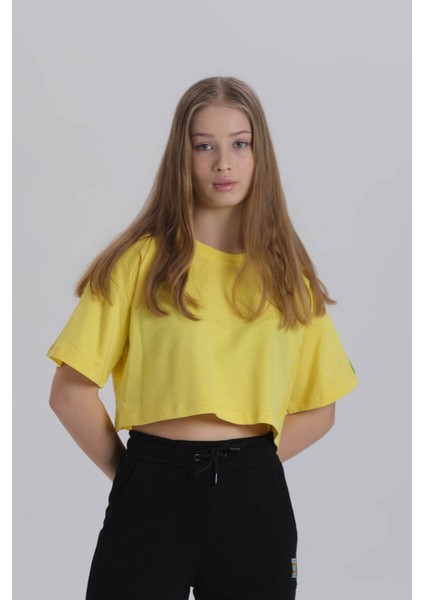 Sarı Kadın Merci Baskı Bisiklet Yaka Oversize Crop T-Shirt