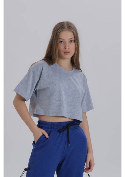 Gri Kadın Merci Baskı Bisiklet Yaka Oversize Crop T-Shirt