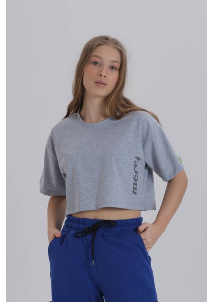 Gri Kadın Merci Baskı Bisiklet Yaka Oversize Crop T-Shirt