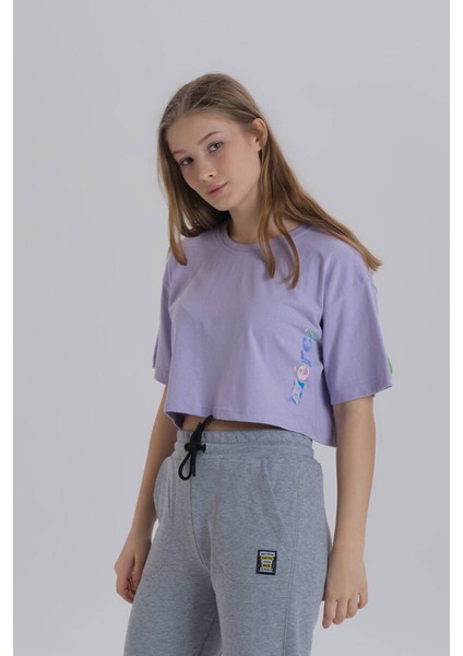 Lila Kadın Merci Baskı Bisiklet Yaka Oversize Crop T-Shirt
