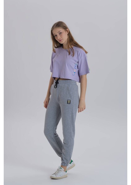 Lila Kadın Merci Baskı Bisiklet Yaka Oversize Crop T-Shirt fiyatları
