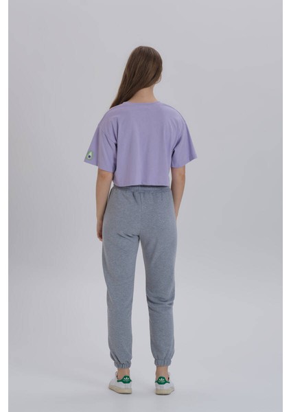 Lila Kadın Merci Baskı Bisiklet Yaka Oversize Crop T-Shirt modelleri