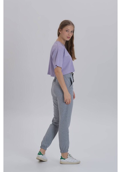 Lila Kadın Merci Baskı Bisiklet Yaka Oversize Crop T-Shirt fırsatları