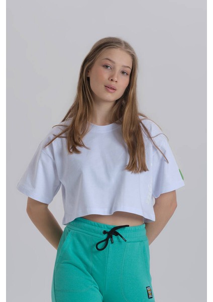 Beyaz Kadın Merci Baskı Bisiklet Yaka Oversize Crop T-Shirt