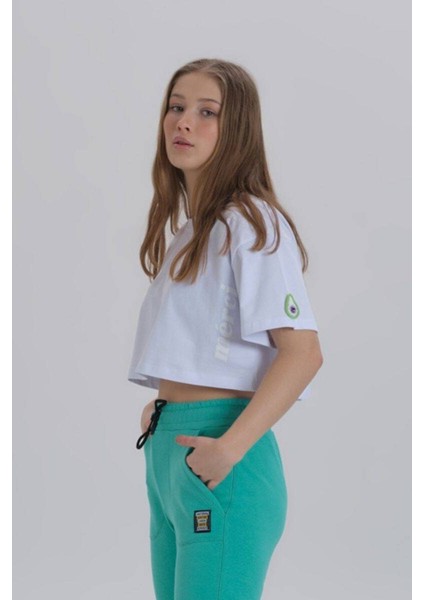 Beyaz Kadın Merci Baskı Bisiklet Yaka Oversize Crop T-Shirt fırsatları