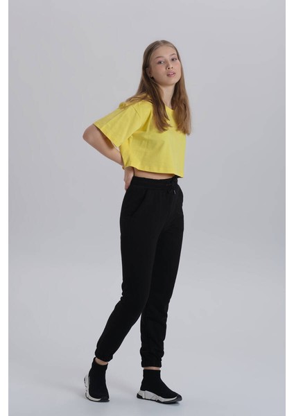 Sarı Kadın Merci Baskı Bisiklet Yaka Oversize Crop T-Shirt modelleri