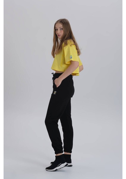 Sarı Kadın Merci Baskı Bisiklet Yaka Oversize Crop T-Shirt indirimleri