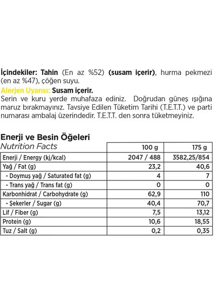 Hurma Pekmezli Tahin Helvası, Şekersiz Helva , Glutensiz, Vegan 175 gr