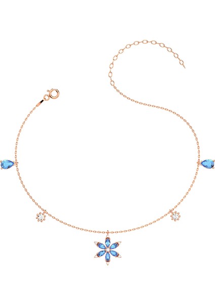 Aqua Taşlı Lotus Çiçeği Rose Gümüş Halhal
