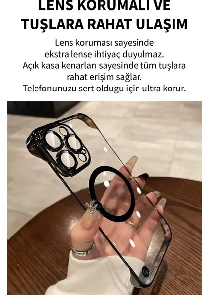 IPhone 14 Pro Max Ultra Ince Şeffaf Çerçevesiz Lens Korumalı Magsafe Şarj Destekli Umper Sert Kılıf;