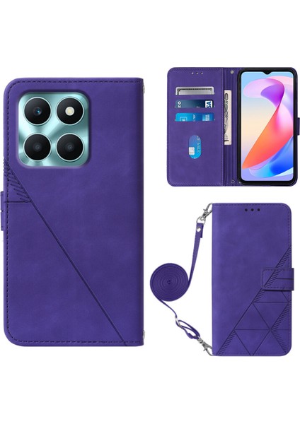 Honor X6A ile Uyumlu Tam Korumalı Yumuşak Pu Deri Kapaklı Cüzdan Telefon Kılıfı, Kart Tutuculu ve Uzun Askılı (Yurt Dışından)