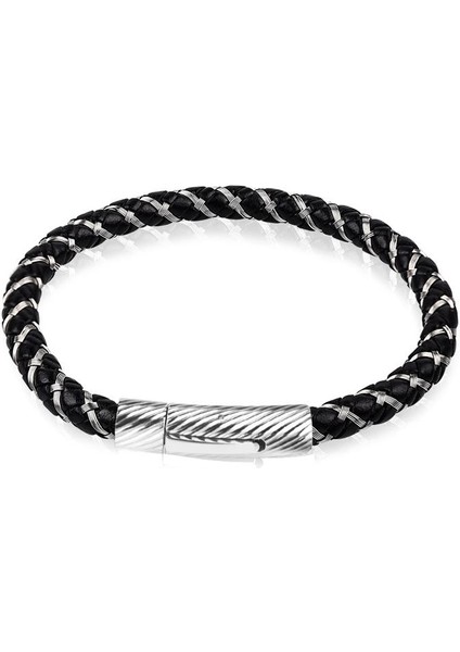 20.5cm Tarzı No.2 Boyutu Moda Muhtasar Çelik Deri Örgülü Bilezik Erkek Trendy Erkek El Takı Paslanmaz Çelik Toka (Yurt Dışından)
