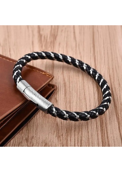 20.5cm Tarzı No.2 Boyutu Moda Muhtasar Çelik Deri Örgülü Bilezik Erkek Trendy Erkek El Takı Paslanmaz Çelik Toka (Yurt Dışından) fırsatları